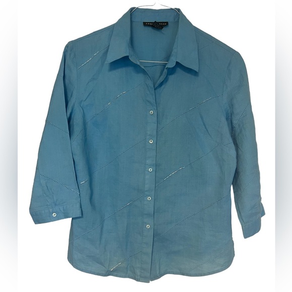 Anne Carson Tops - Anne Carson 100% Linen Aqua Blue Button Down 3/4 Sleeve Embellished size M
